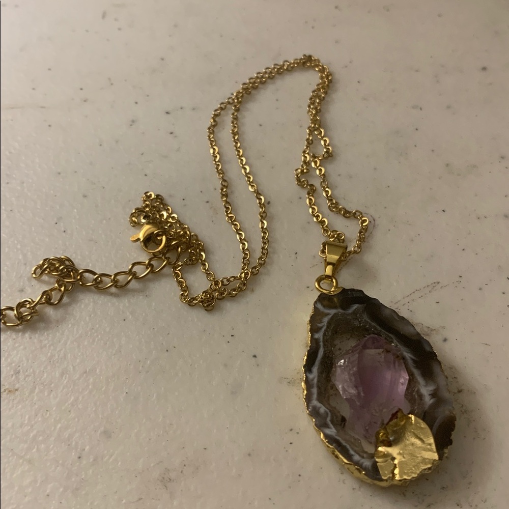 Gold-Trim Amethyst Geode Pendant Necklace - Purple and Black
